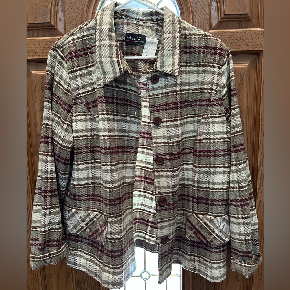 M.H.M Plaid Button-Front Jacket in Beige & Burgundy Size 16